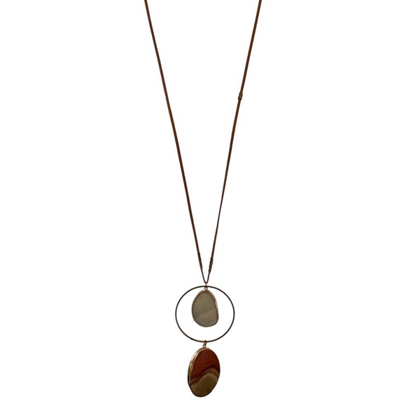 Serefina Long Pendant Statement Necklace Natural Stones and Gold-Tone Circle - Picture 9 of 11